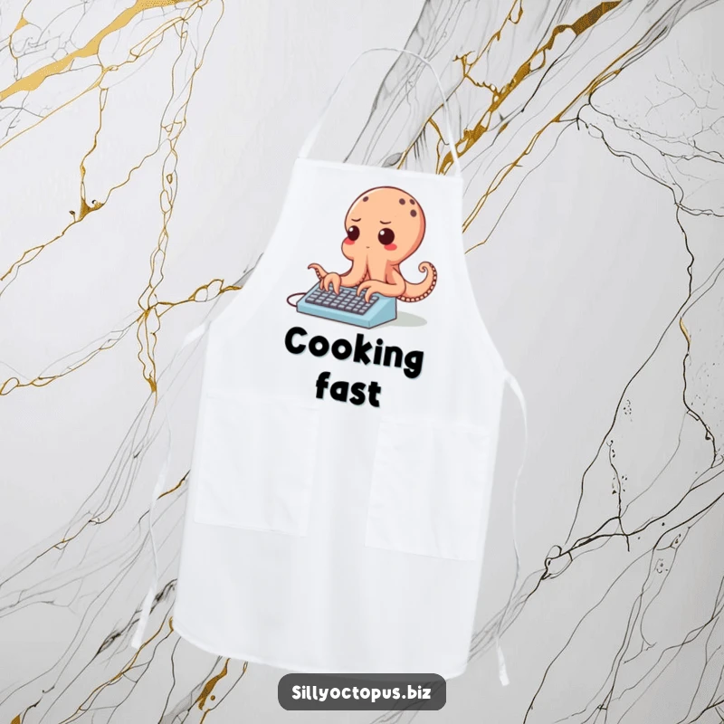 Funny cheerful octopus character typing rapidly on a tiny keyboard, on a functional kitchen apron.