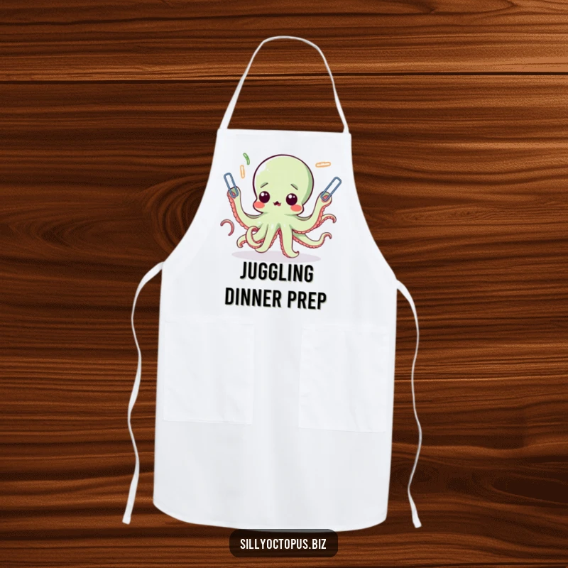 Funny octopus apron depicting a surprised cephalopod struggling to juggle paperclips while cooking, adding humor to kitchen activities.