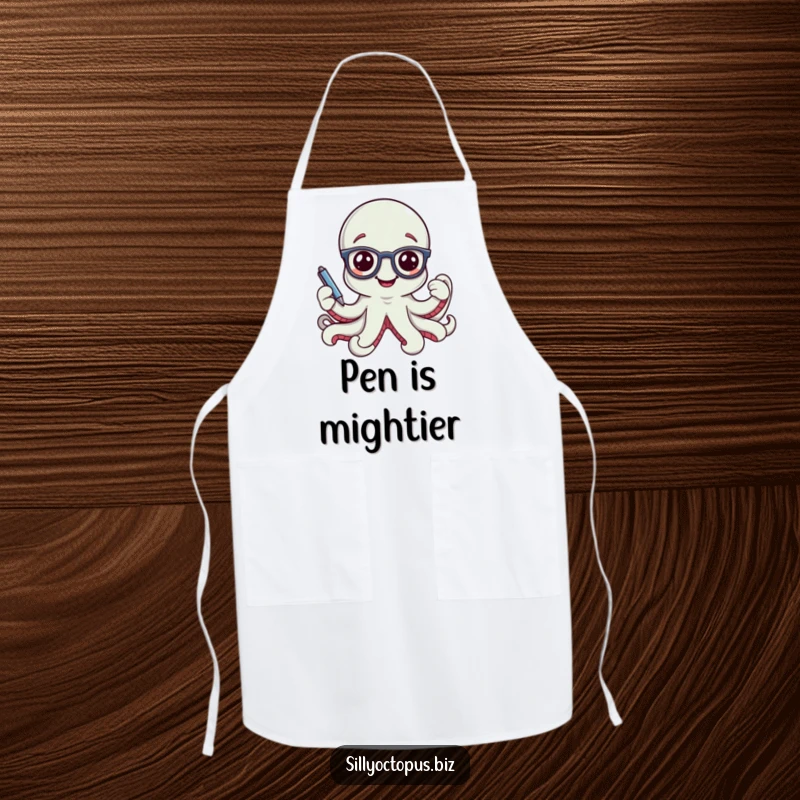 Funny smiling octopus character wearing tiny office glasses and holding a pen, on a functional kitchen apron.