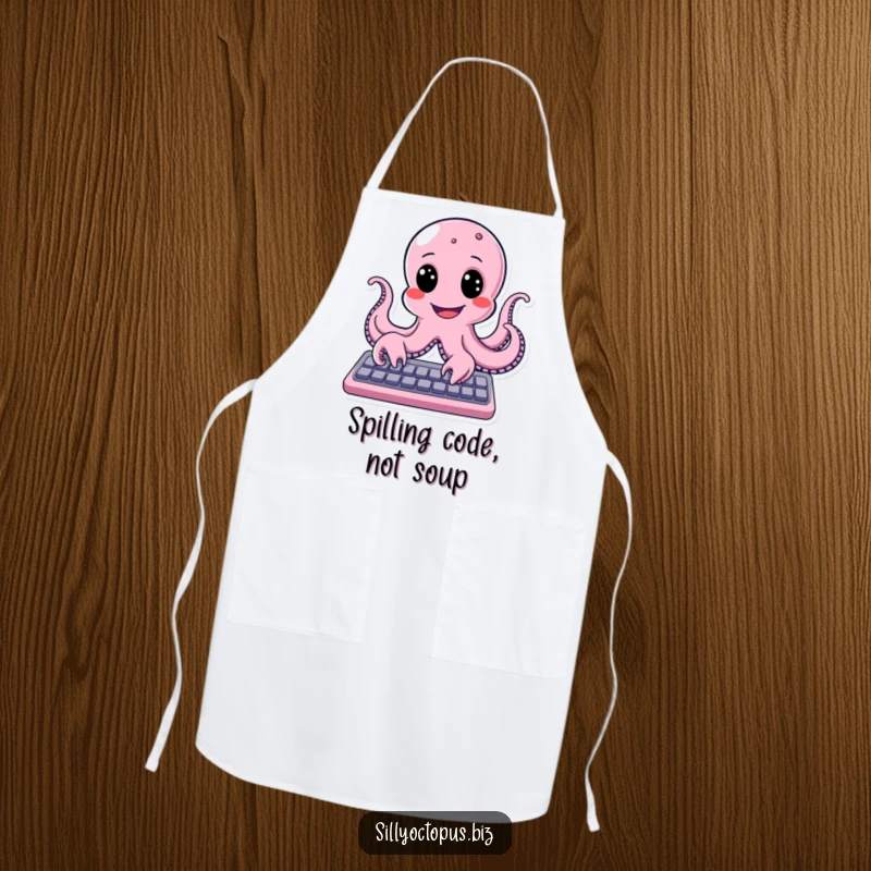 Funny octopus with a wide, joyful smile typing on a keyboard, featured on a humorous and practical apron.