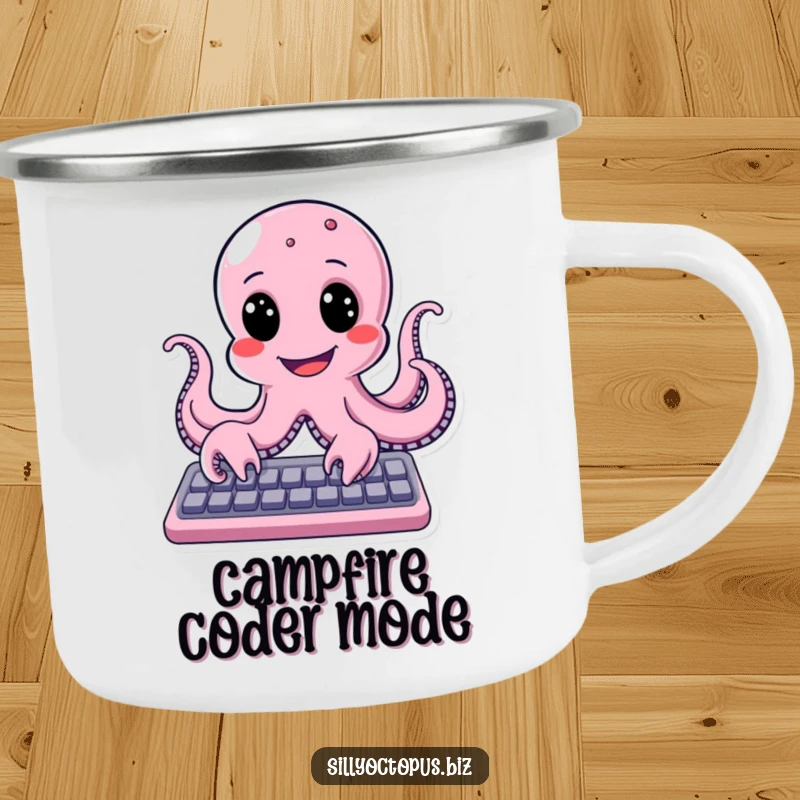Funny octopus with a broad, happy smile typing on a keyboard, designed for a humorous camping mug.