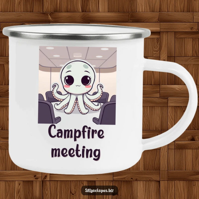 Funny octopus with big dot eyes in a meeting, designed for a humorous camping mug.