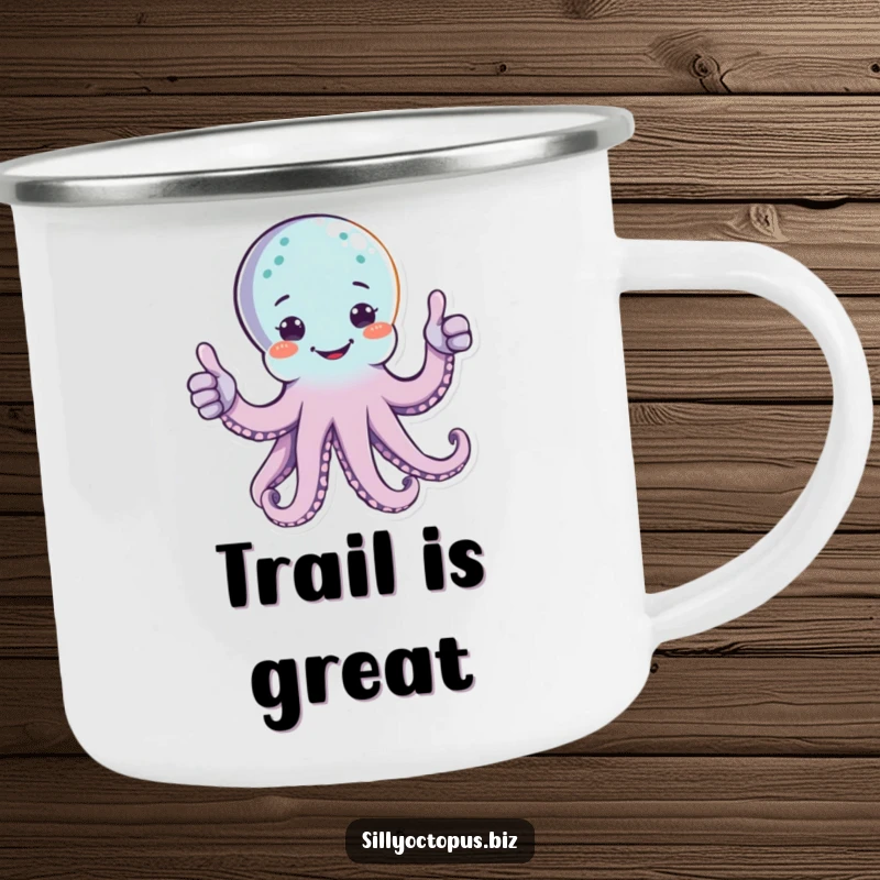 Funny happy octopus character giving two thumbs up with multiple arms, on a durable camping mug.