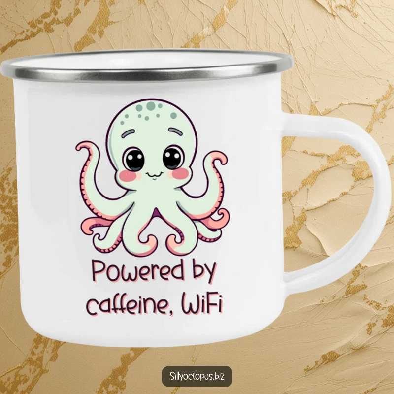 Funny octopus with curious dot eyes engrossed in a computer, designed for a humorous camping mug.