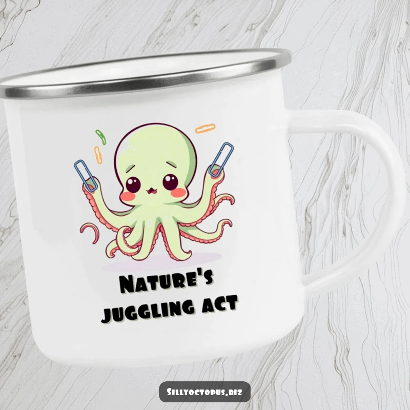 Funny octopus camping mug showcasing a surprised cephalopod comically juggling paperclips, perfect for outdoor enthusiasts who appreciate humor.