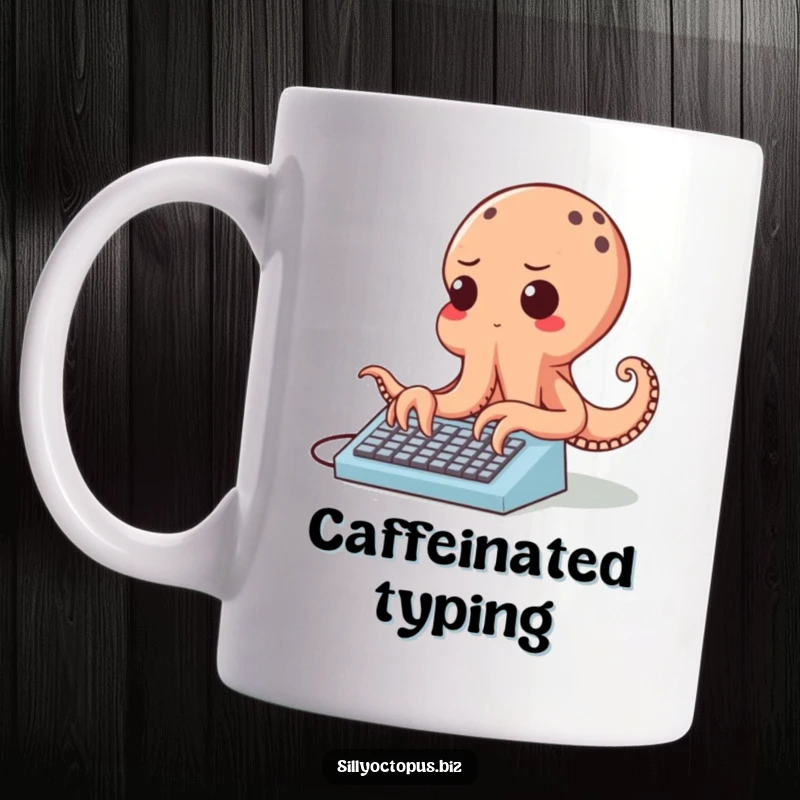 Funny cheerful octopus character typing rapidly on a tiny keyboard with a determined expression, on a ceramic mug.