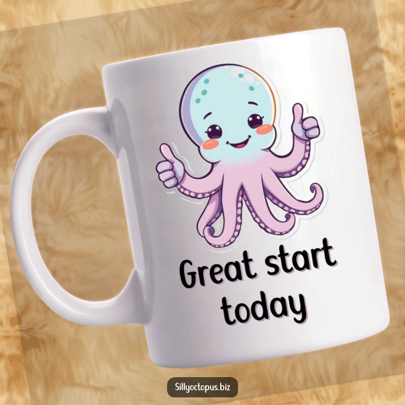 Funny happy octopus character giving a double thumbs up with two arms, on a ceramic coffee mug.