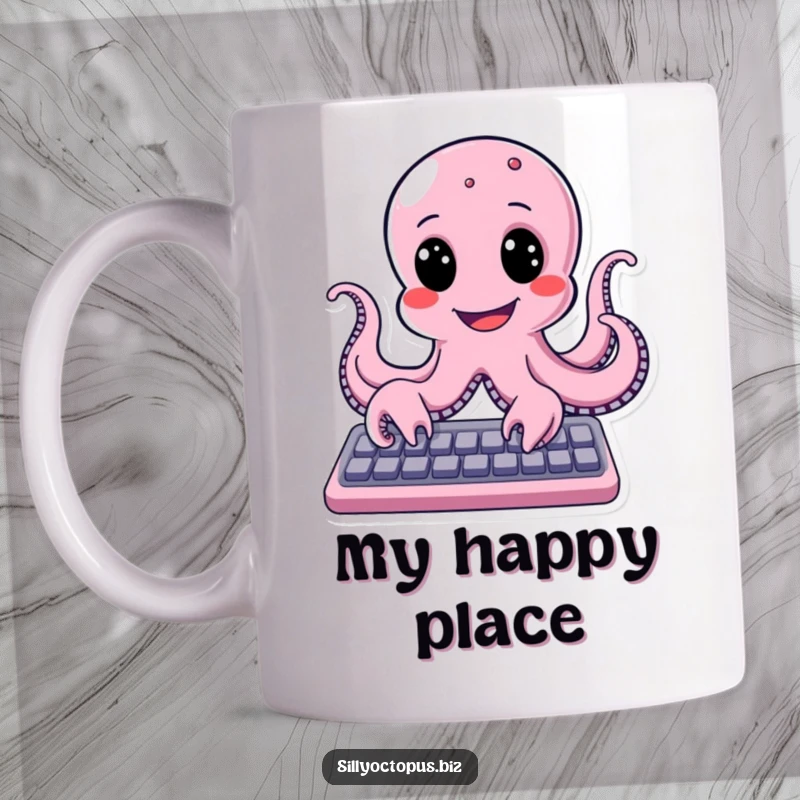 Funny octopus with a wide, joyful smile enthusiastically typing on a keyboard, making for a cheerful mug design.