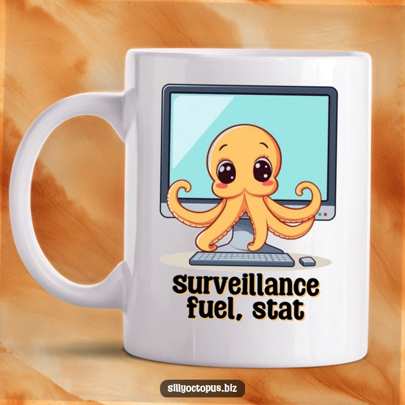 Funny octopus mug showing a wide-eyed octopus peeking mischievously from behind a large computer monitor, embodying curiosity and tech humor.