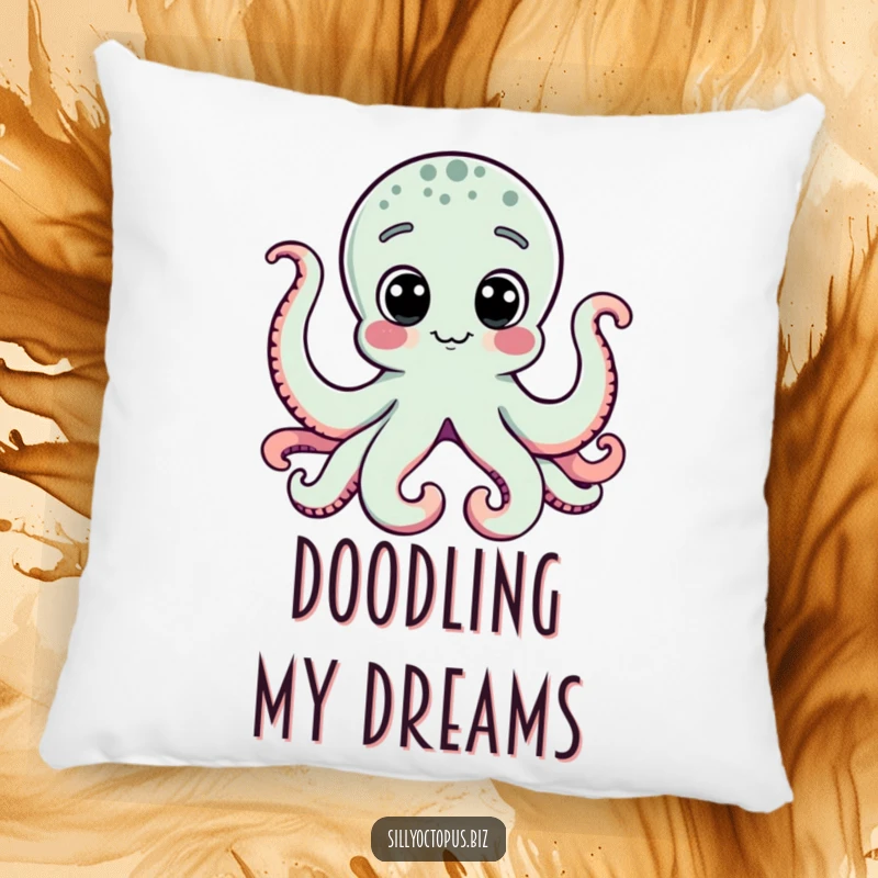 Funny octopus with big, curious dot eyes focused on a computer, adding humor and comfort to any pillow space.