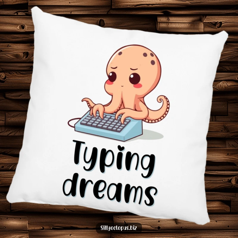 Funny cheerful octopus character typing rapidly on a tiny keyboard, on a soft decorative pillow.