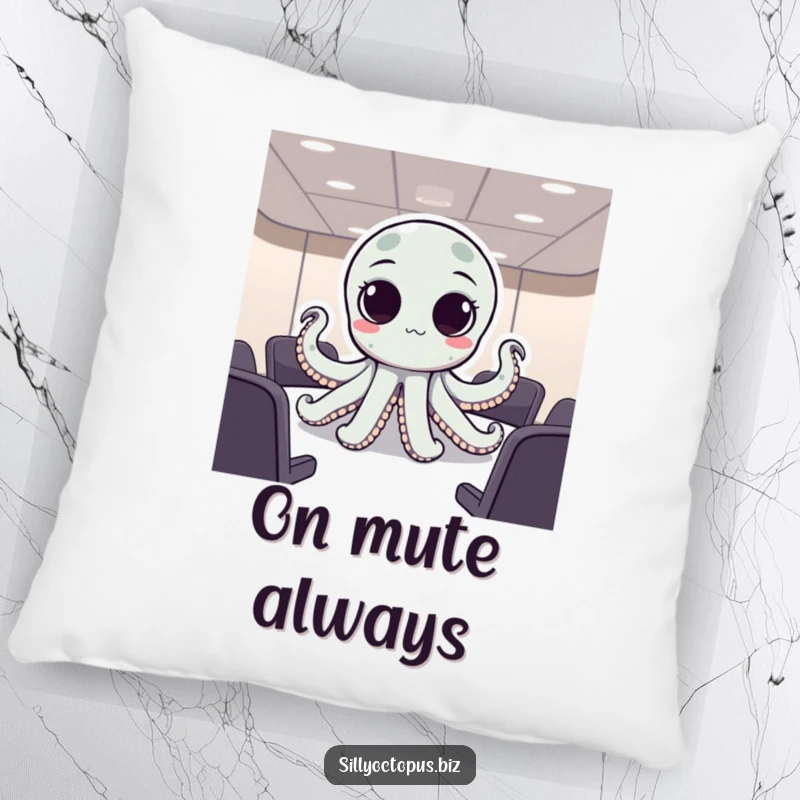 Funny octopus with big, expressive dot eyes in a business meeting, a humorous and comfortable pillow.