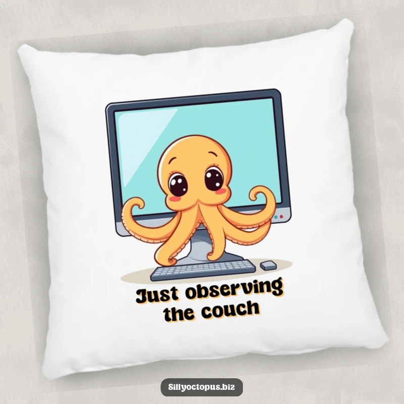 Funny octopus pillow showing a curious octopus with wide eyes peeking from behind a computer monitor, a humorous addition to any couch.