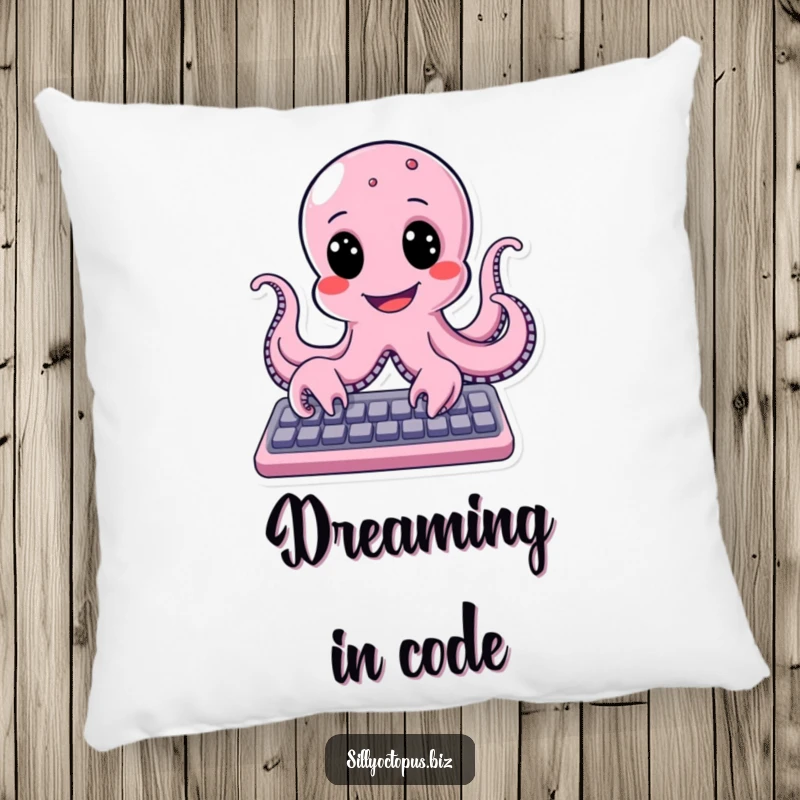 Funny octopus with a broad, happy smile typing diligently on a keyboard, a humorous and comfy pillow.