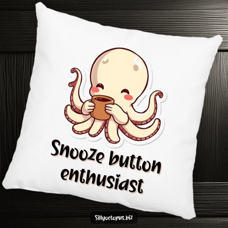 Funny octopus with energetic lines, holding a coffee cup, a humorous and comfortable pillow design.