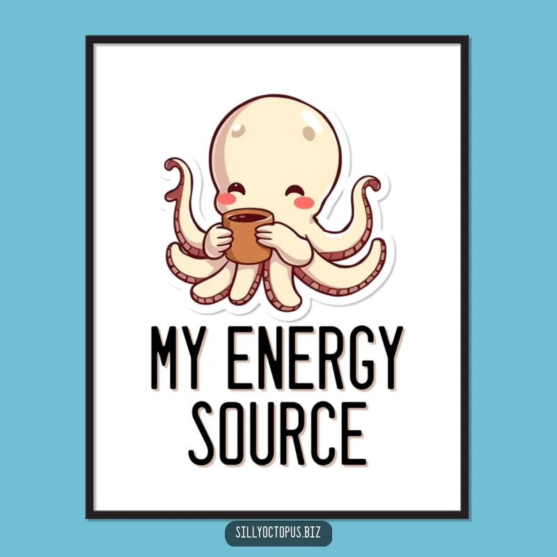 Funny Energetic Octopus Coffee Digital Art: Vibrant Downloadable Print