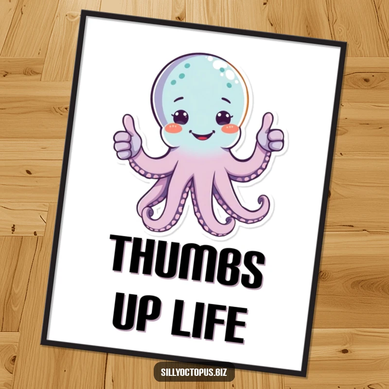 Funny happy octopus character giving two thumbs up with multiple arms, as a high-resolution digital art print.