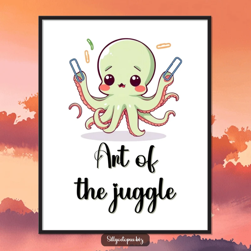 Funny octopus digital art print of a surprised cephalopod comically juggling paperclips, a humorous and eye-catching piece for any wall.