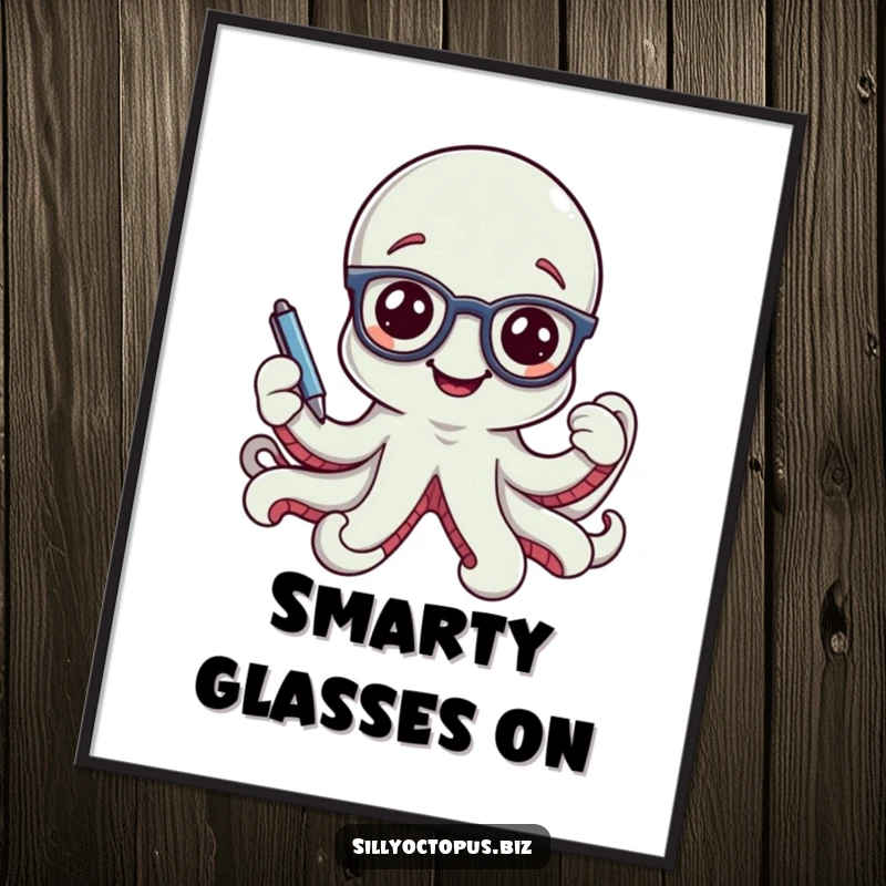 Funny smiling octopus character wearing tiny office glasses and holding a pen, as a high-resolution digital art print.
