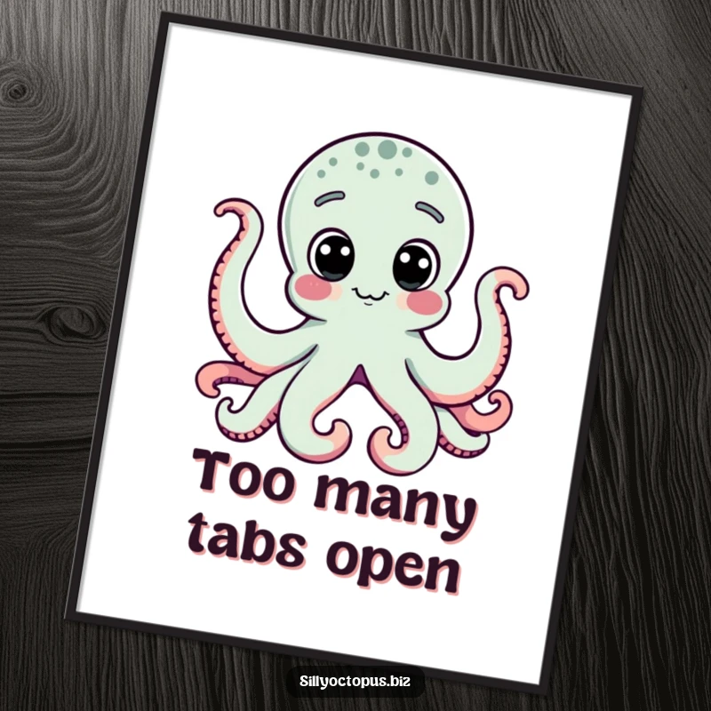 Funny octopus with curious dot eyes intensely focused on a computer screen, rendered as a humorous digital art print.