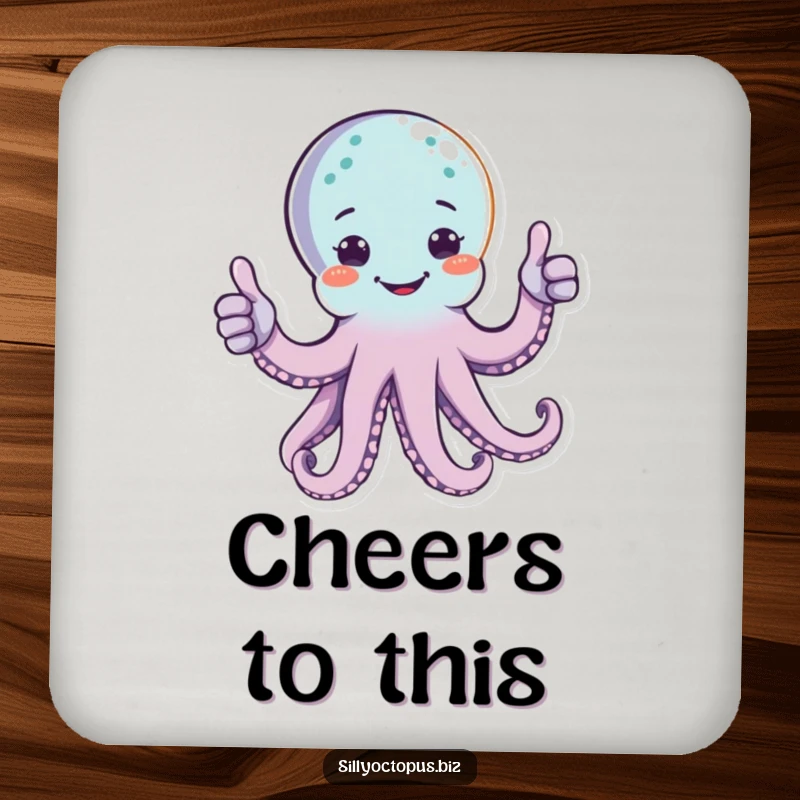 Funny happy octopus character giving two thumbs up with multiple arms, on a humorous drink coaster.