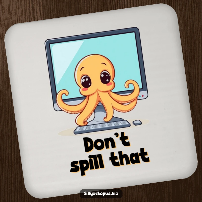 Funny octopus coasters showing a wide-eyed octopus peeking from behind a computer monitor, adding tech-themed humor to drink service.