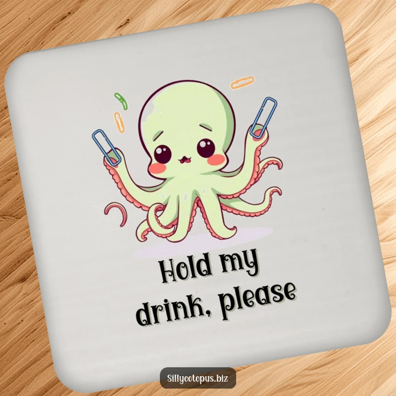 Funny octopus coasters displaying a surprised cephalopod comically juggling paperclips, protecting surfaces with a humorous design.