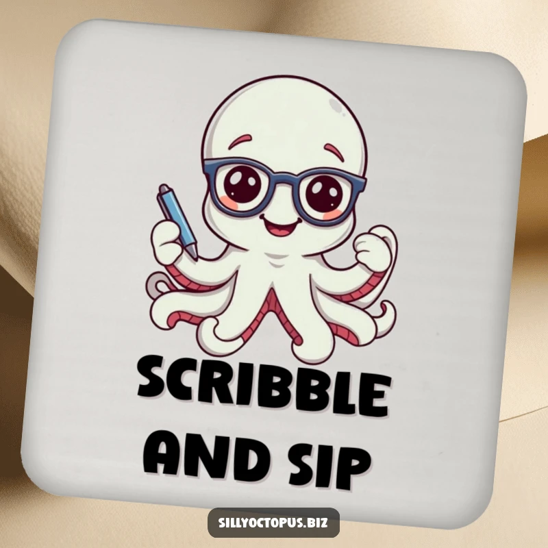 Funny smiling octopus character wearing tiny office glasses and holding a pen, on a humorous drink coaster.