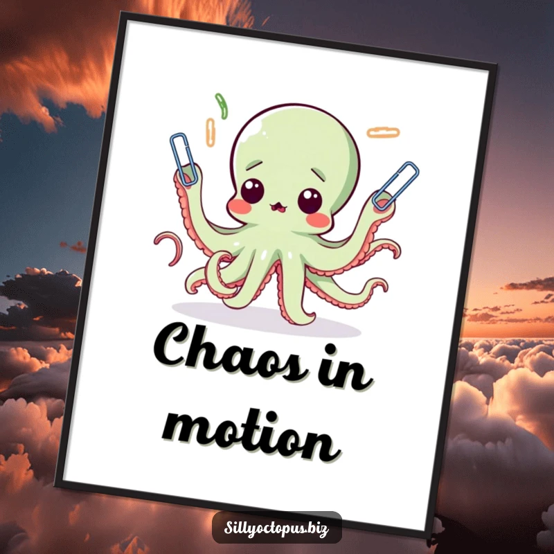 Funny octopus poster capturing a surprised cephalopod attempting to juggle an overwhelming amount of paperclips, evoking a sense of comical struggle.