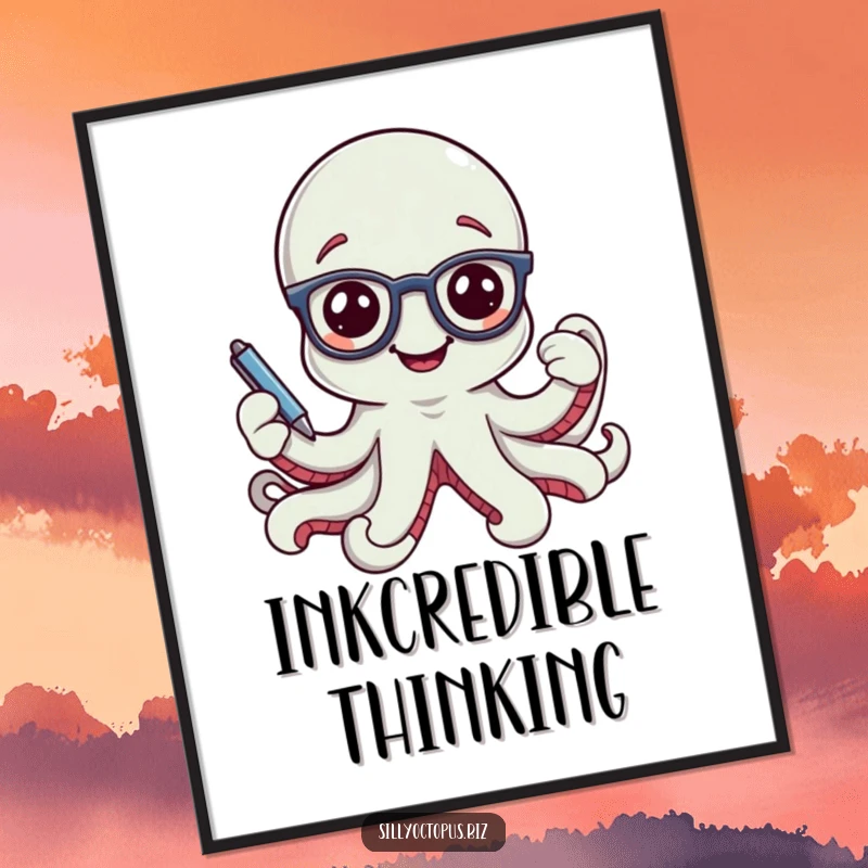 Funny smiling octopus character wearing tiny office glasses and holding a pen, displayed as charming wall art.
