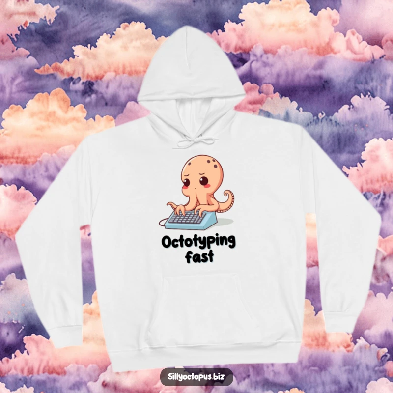 Funny cheerful octopus character typing rapidly on a tiny keyboard, looking determined, on a warm, comfortable hoodie.