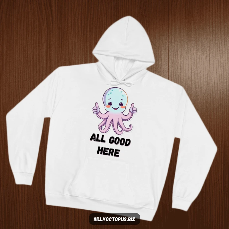 Funny happy octopus character giving two thumbs up with multiple arms, on a warm, comfortable hoodie.