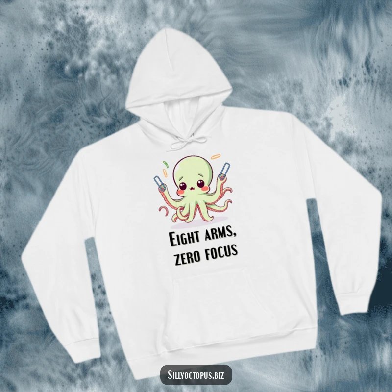 Funny octopus hoodie showing a surprised cephalopod attempting to juggle a storm of paperclips with its many arms, a humorous take on office life.