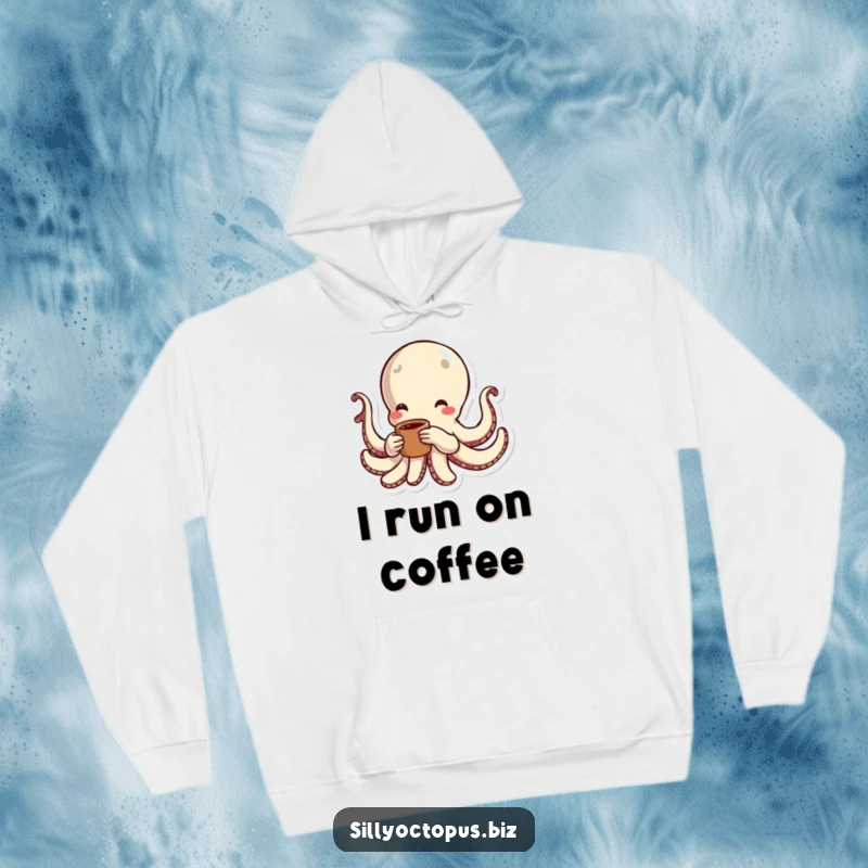 Funny octopus with dynamic energy lines, holding a coffee cup, designed for a cozy and humorous hoodie.