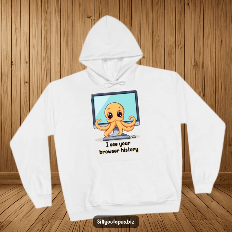 Funny octopus hoodie depicting a curious octopus with wide eyes peeking from behind a computer monitor, an amusing tech-themed garment.
