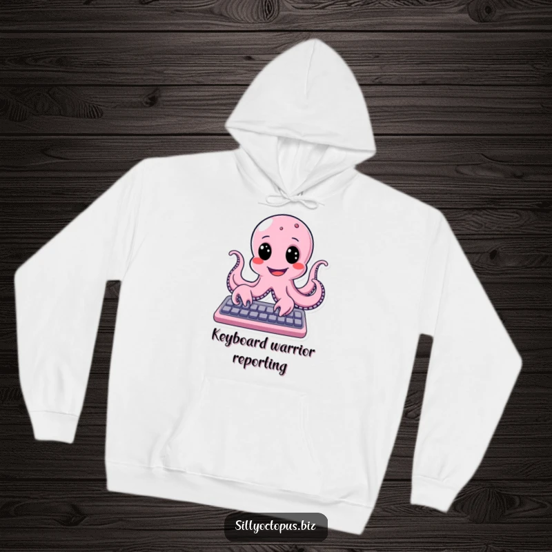 Funny octopus with a wide, ecstatic smile typing on a keyboard, designed for a cozy and humorous hoodie.