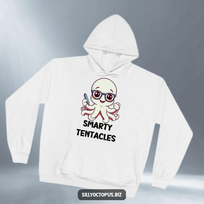 Funny smiling octopus character wearing tiny office glasses and holding a pen, on a warm, comfortable hoodie.