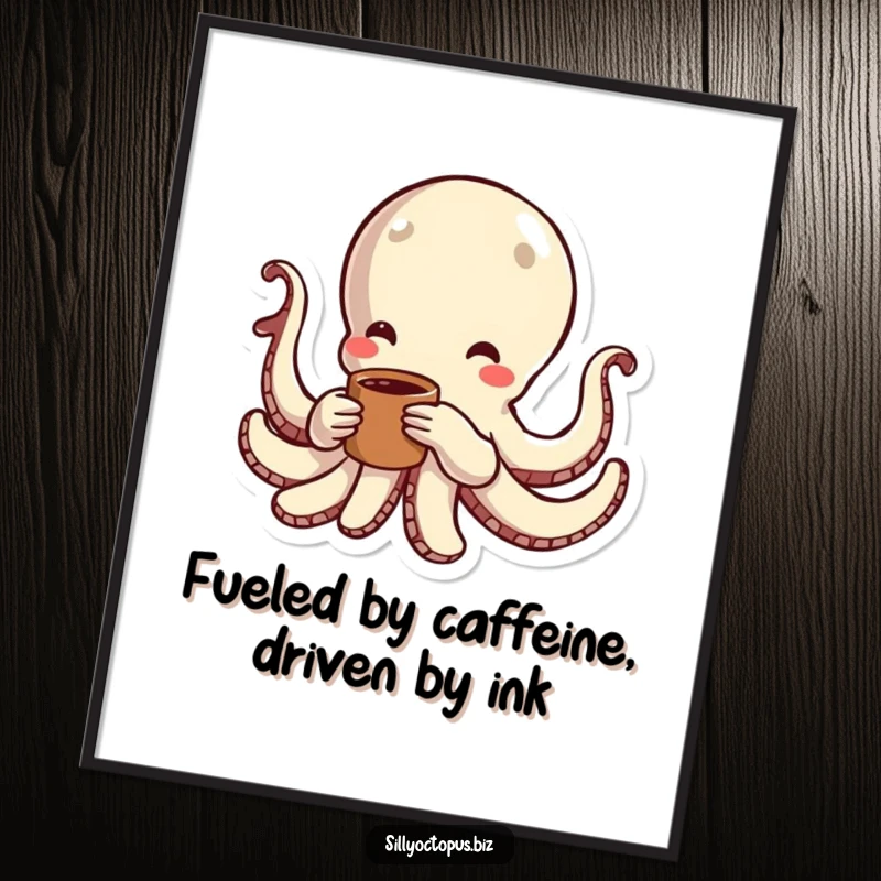 Free printable wall art of a dynamic octopus character with energetic lines, proudly holding a steaming coffee cup.