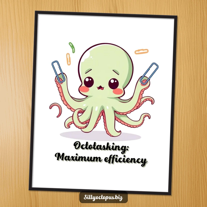 Funny Free Printable Wall Art featuring a shocked octopus artistically juggling a mountain of paperclips with its numerous tentacles.