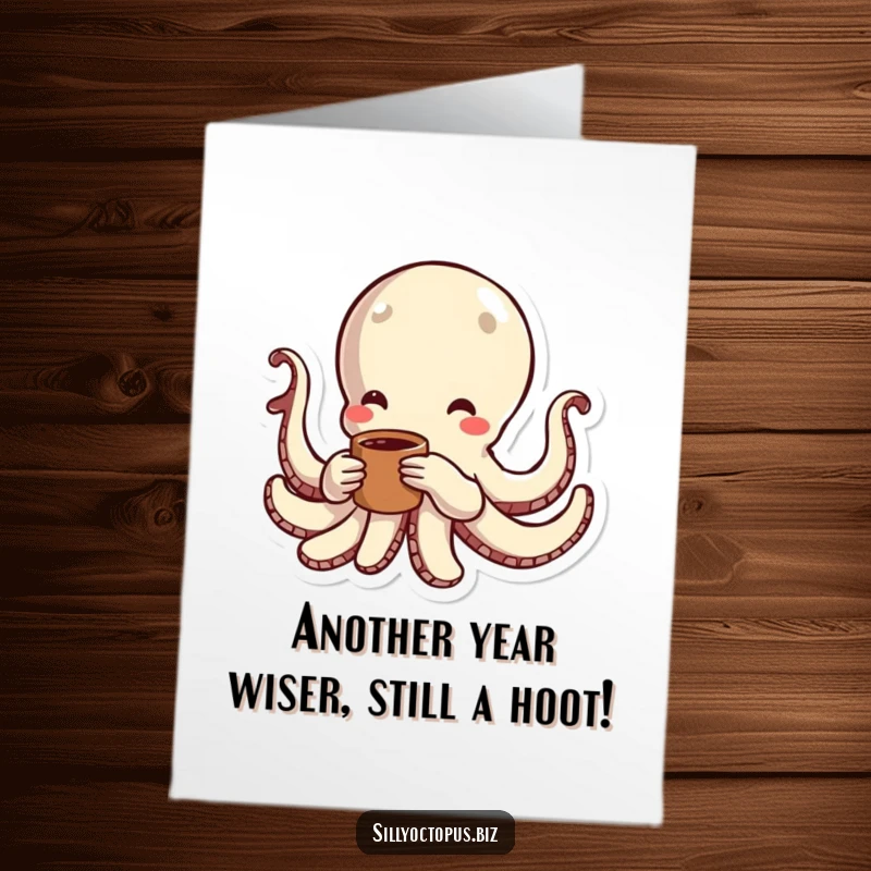 Funny free printable birthday card featuring an energetic octopus character with coffee cup and dynamic lines showing excitement.