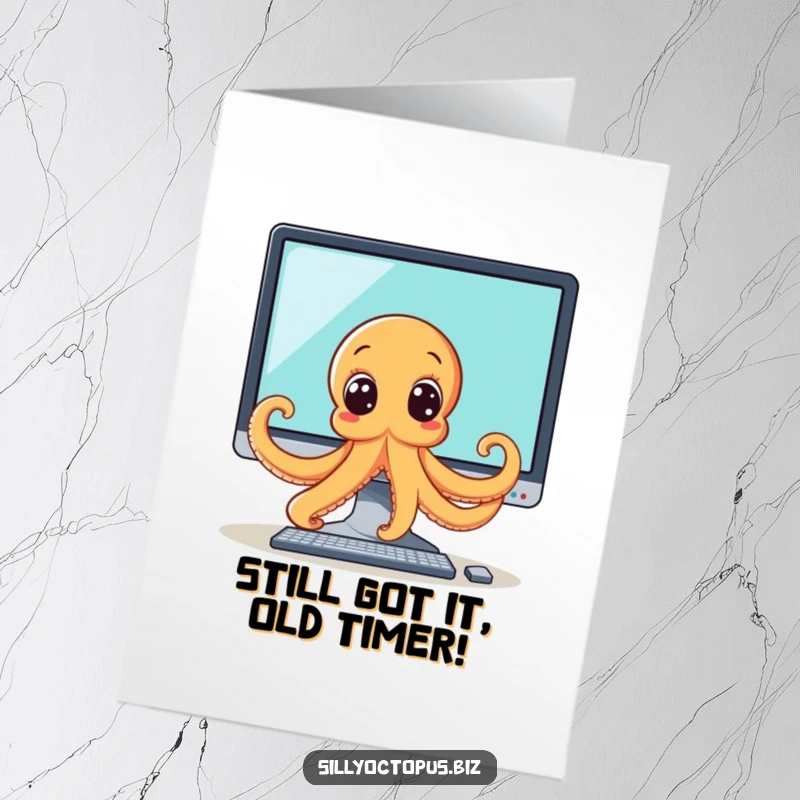 Funny Free Printable Birthday Card: An octopus with wide, curious eyes peeking from behind a large computer monitor, ready to celebrate.