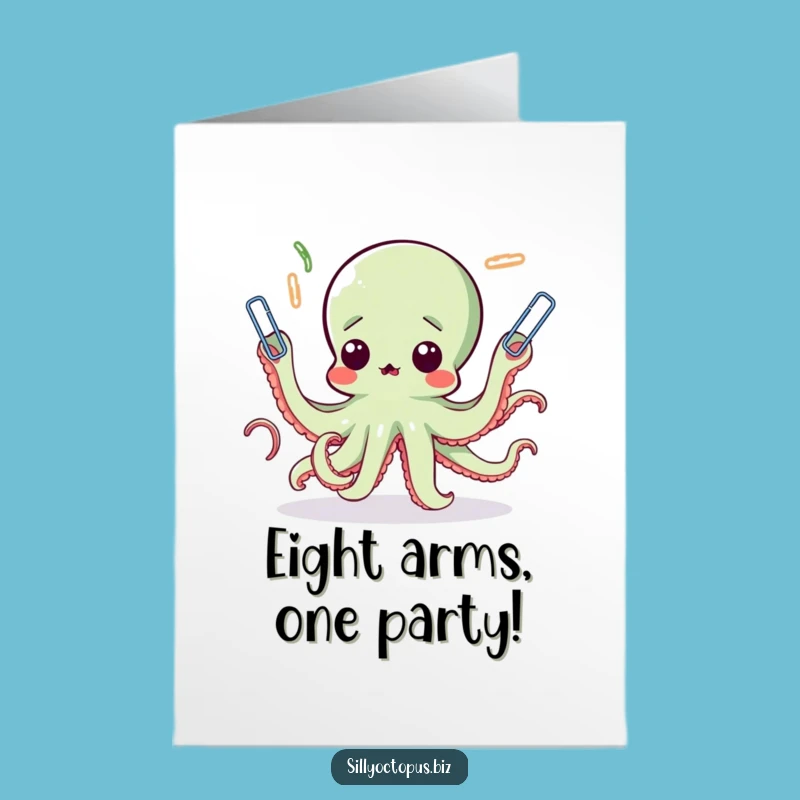 Free Printable Birthday Card: Surprised Octopus Juggling Paperclips Funny Downloadable Gift