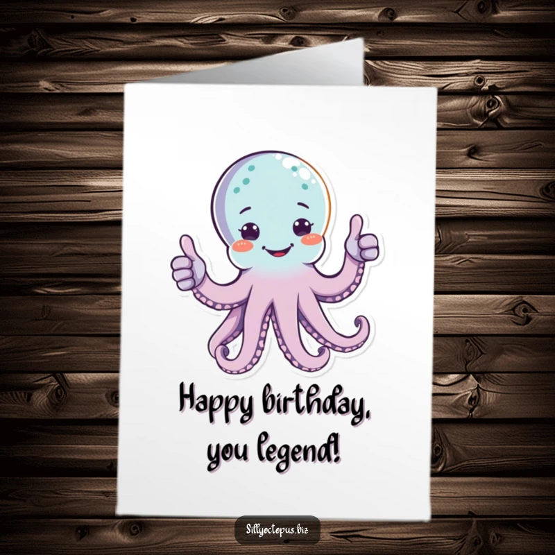 Funny free printable birthday card: a happy octopus giving a thumbs up with two arms, radiating pure birthday joy and approval.