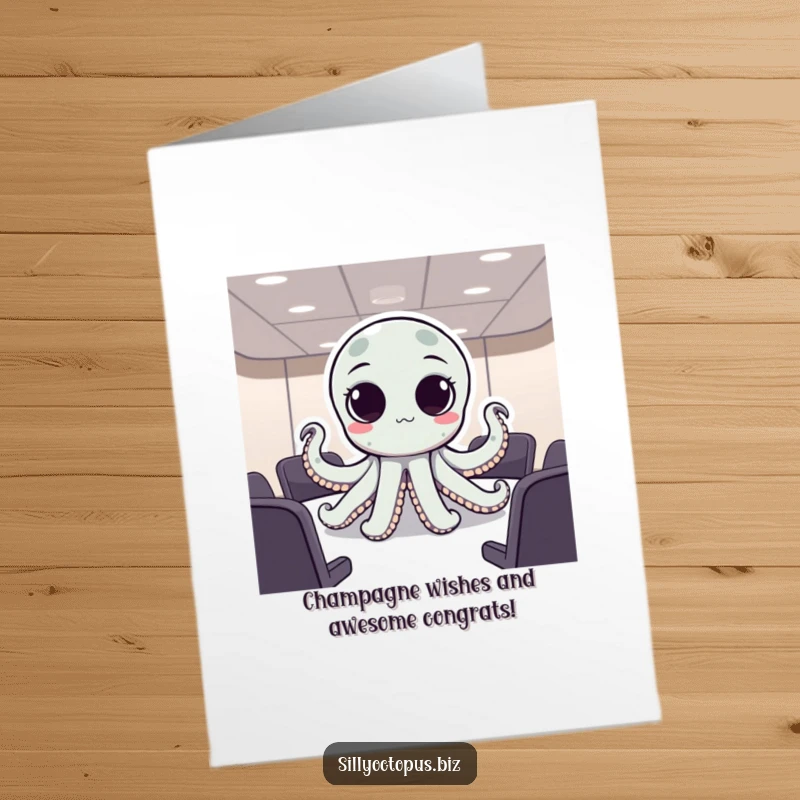 Free printable congratulations card showing an octopus with large, expressive dot eyes attentively participating in a corporate meeting.