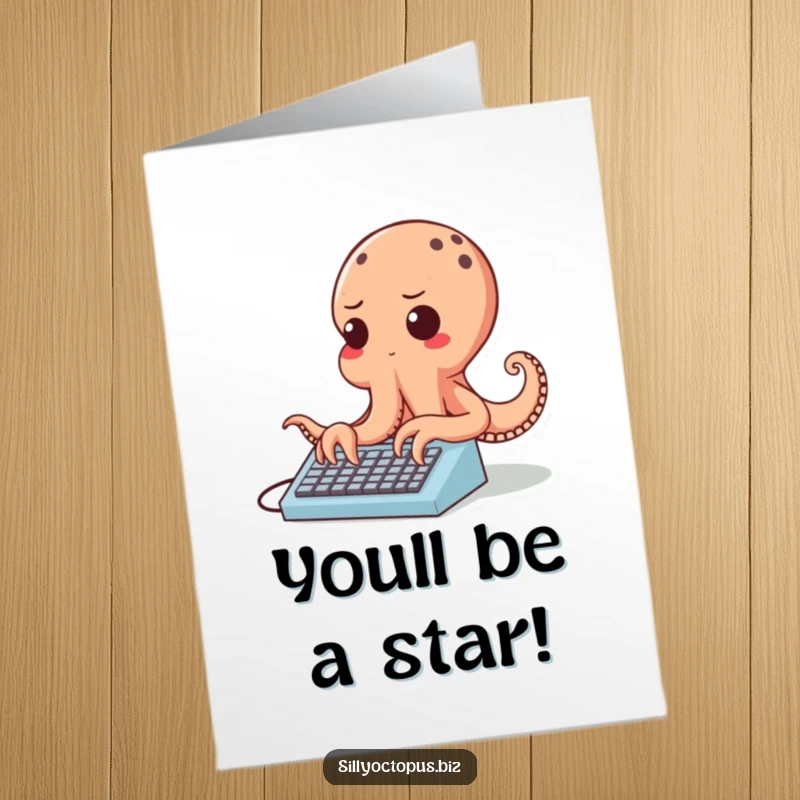 Funny free printable congratulations card: a cheerful octopus with a determined look, typing rapidly on a tiny keyboard, celebrating success.