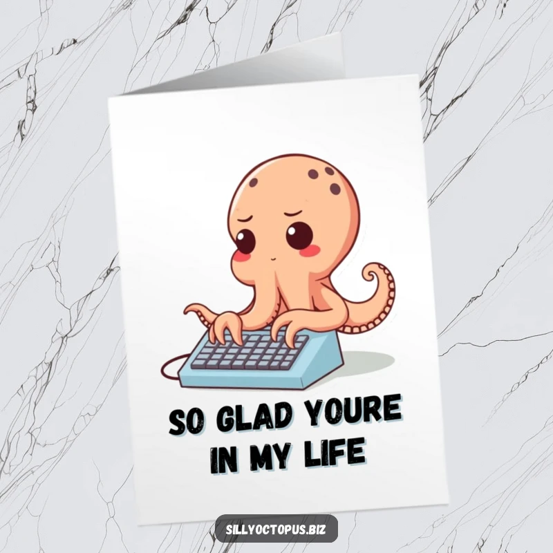 Funny free printable thank you card: a cheerful octopus with a determined look, typing rapidly on a tiny keyboard, expressing thanks for effort.