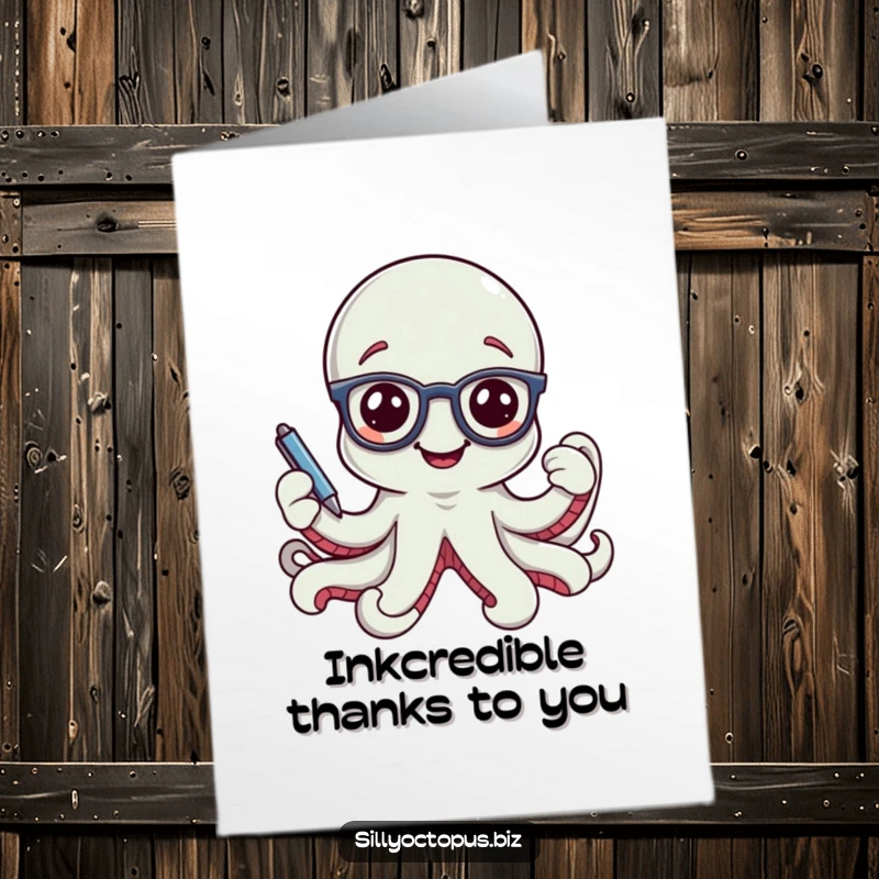Funny free printable thank you card: a smiling octopus wearing tiny office glasses, holding a pen, offering polished and grateful thanks.