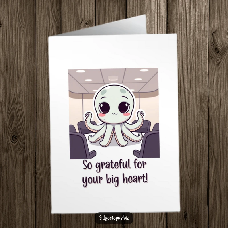 Funny free printable thank you card featuring an octopus with big dot eyes appearing to attend a serious business meeting.