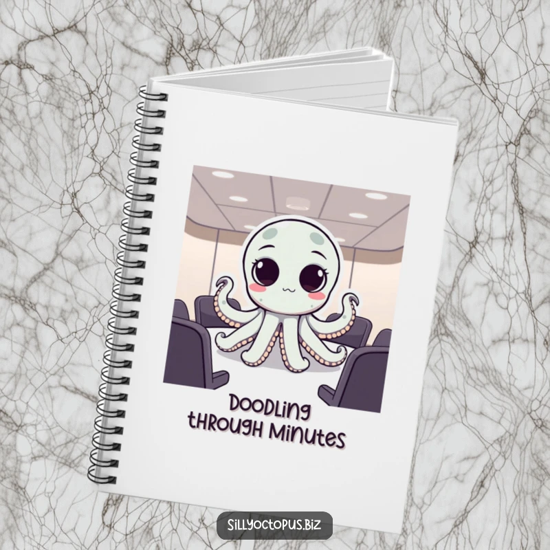 Funny octopus with big, expressive dot eyes attending a meeting, perfect for a humorous notebook cover.