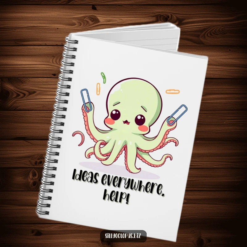 Funny octopus notebook featuring a surprised cephalopod attempting to juggle paperclips, ideal for jotting down notes with a humorous touch.